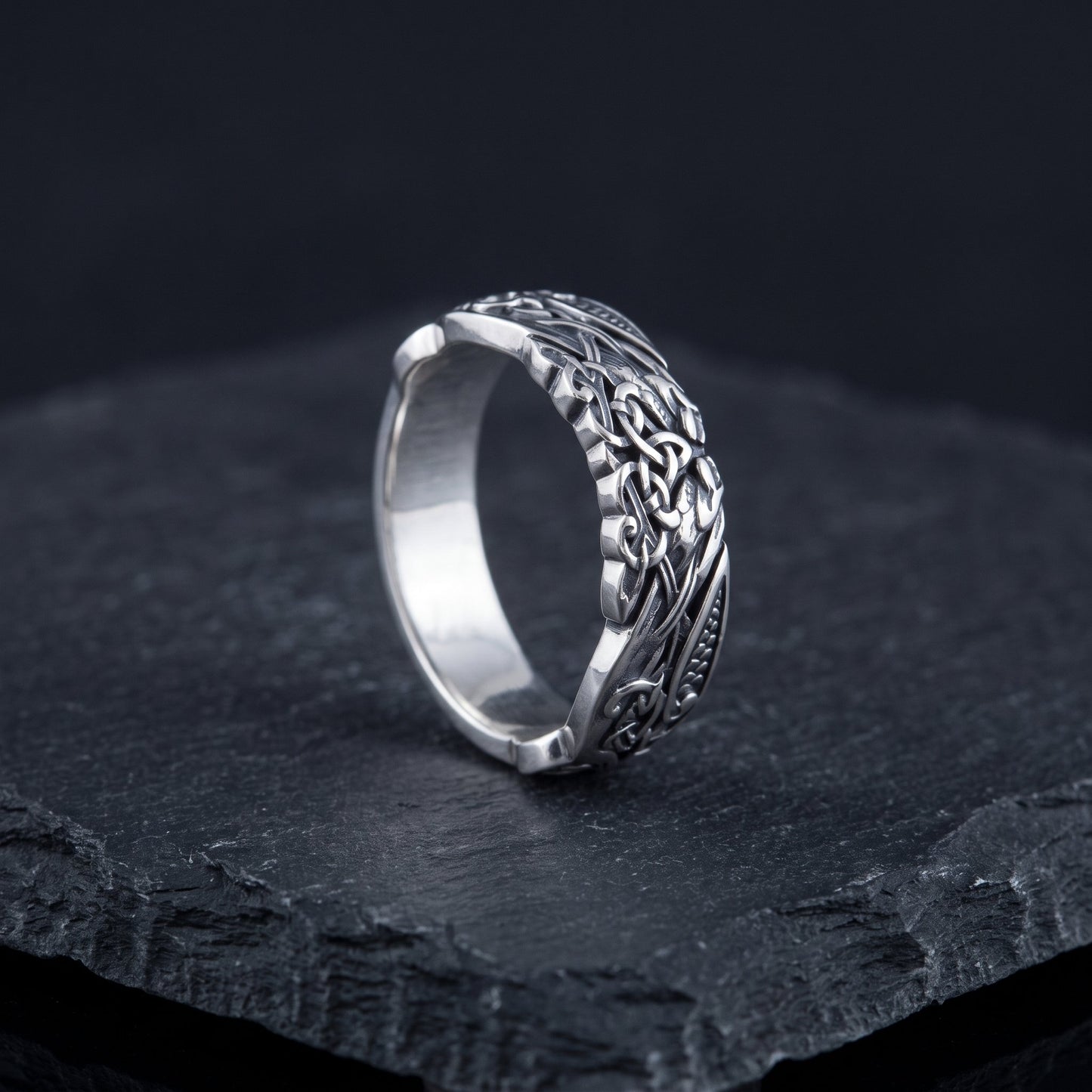 Handmade 925 sterling silver Viking wedding band with beast interlace ornament