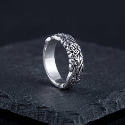 Handmade 925 sterling silver Viking wedding band with beast interlace ornament