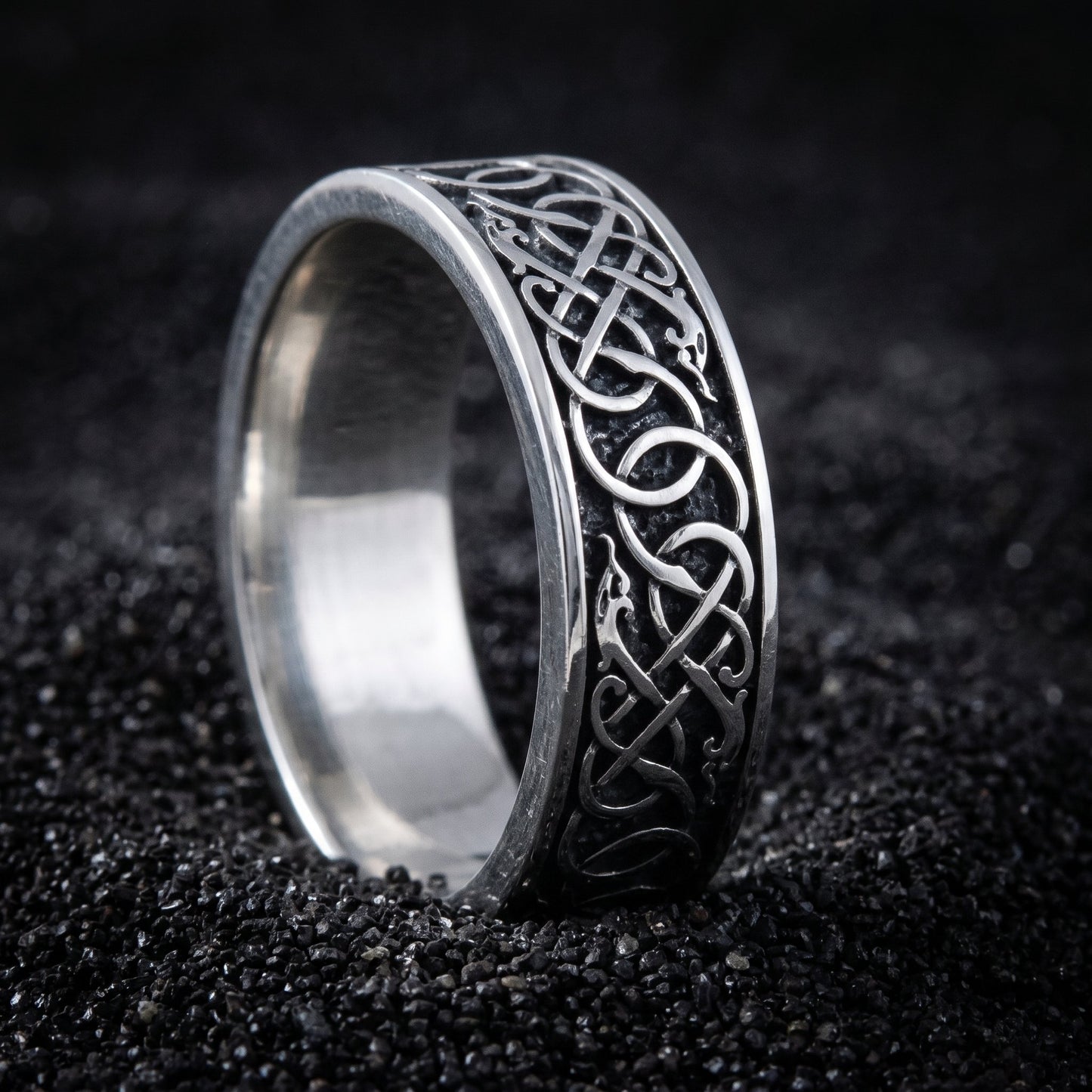 Handmade 925 sterling silver Viking wedding band with Urnes ornament