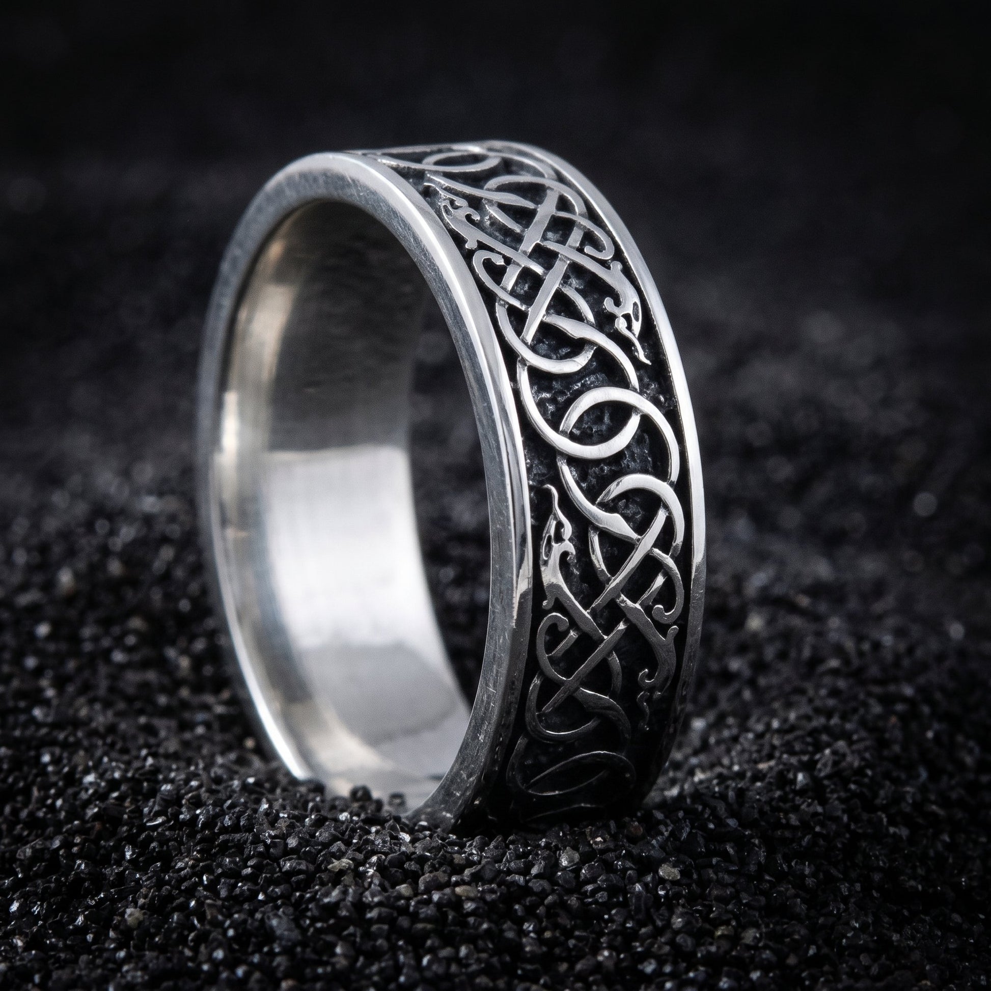 Handmade 925 sterling silver Viking wedding band with Urnes ornament