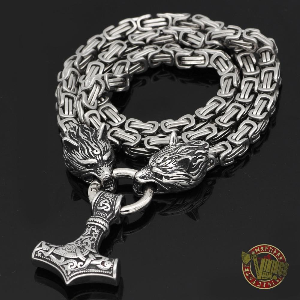 HANDMADE Stainless Steel King Chain with Wolf Heads & Mjolnir - VikingsBrand