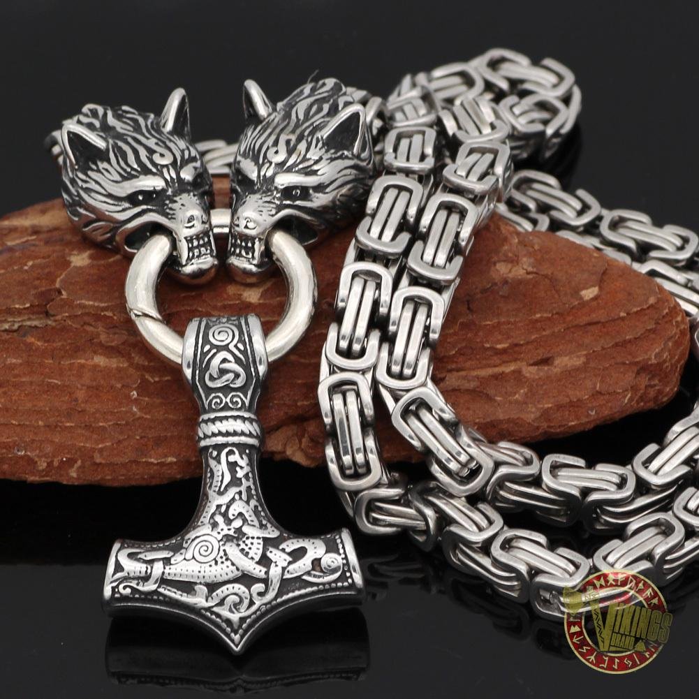 HANDMADE Stainless Steel King Chain with Wolf Heads & Mjolnir - VikingsBrand