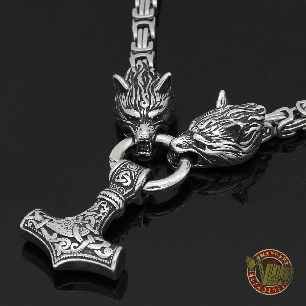 HANDMADE Stainless Steel King Chain with Wolf Heads & Mjolnir - VikingsBrand