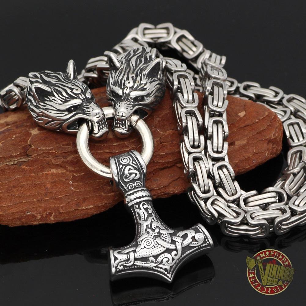 HANDMADE Stainless Steel King Chain with Wolf Heads & Mjolnir - VikingsBrand