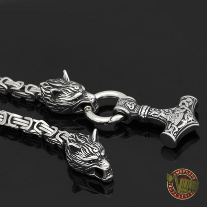HANDMADE Stainless Steel King Chain with Wolf Heads & Mjolnir - VikingsBrand