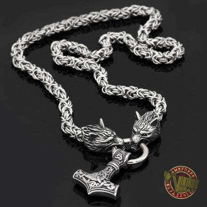 HANDMADE Stainless Steel Massive Wolf Chain with Mjolnir - VikingsBrand