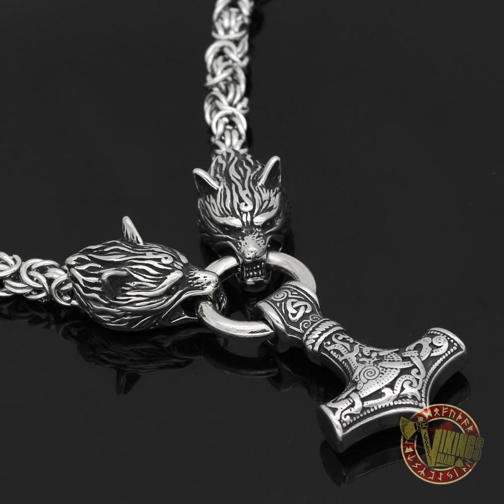 HANDMADE Stainless Steel Massive Wolf Chain with Mjolnir - VikingsBrand