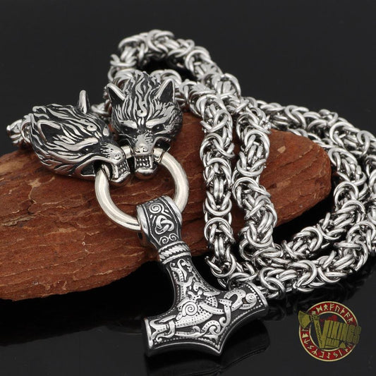 HANDMADE Stainless Steel Massive Wolf Chain with Mjolnir - VikingsBrand