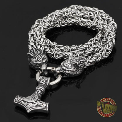 HANDMADE Stainless Steel Massive Wolf Chain with Mjolnir - VikingsBrand