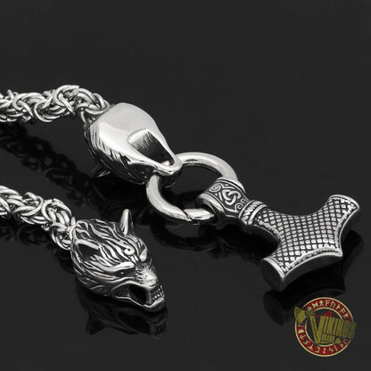 HANDMADE Stainless Steel Massive Wolf Chain with Mjolnir - VikingsBrand