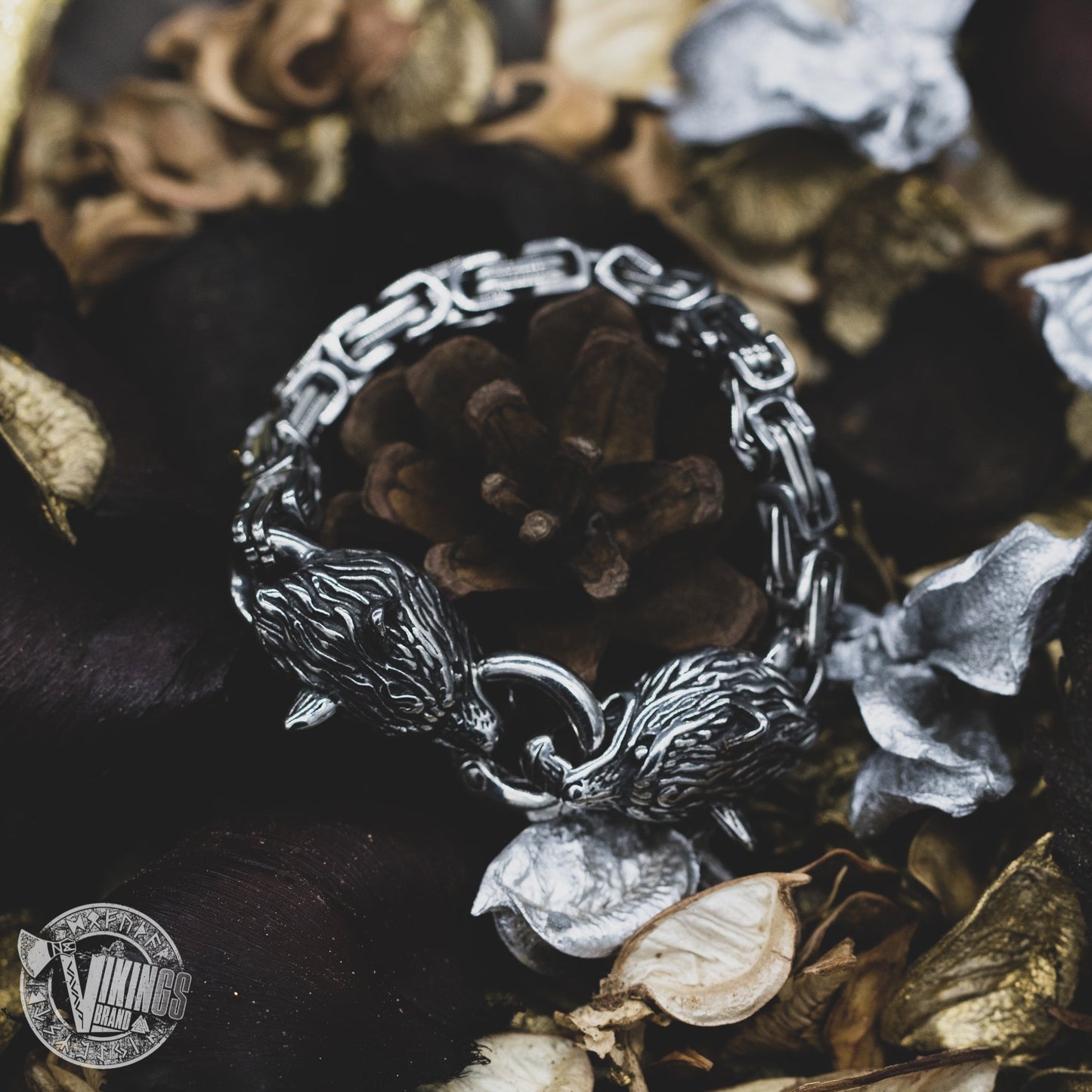 HANDMADE Stainless Steel Wolf Head Bracelet with King's Chain - VikingsBrand