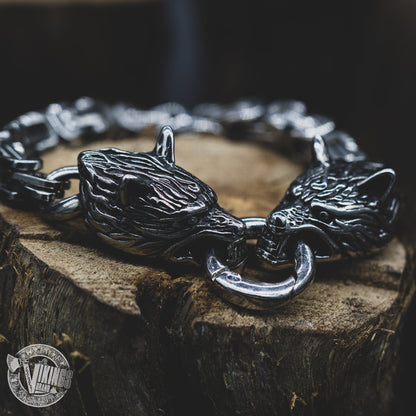 HANDMADE Stainless Steel Wolf Head Bracelet with King's Chain - VikingsBrand