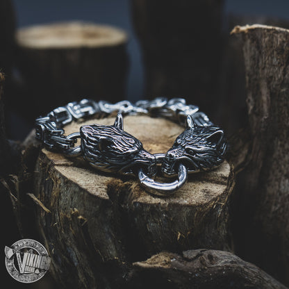 HANDMADE Stainless Steel Wolf Head Bracelet with King's Chain - VikingsBrand