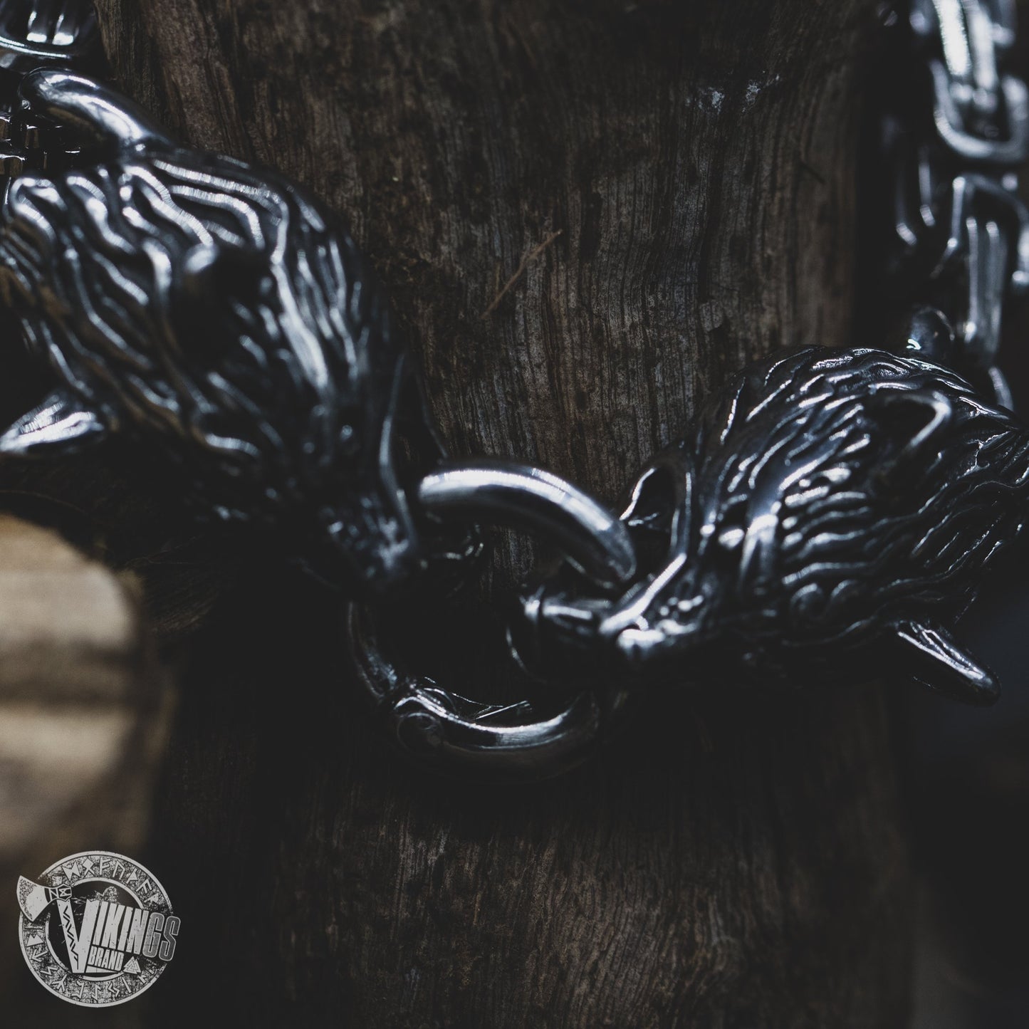 HANDMADE Stainless Steel Wolf Head Bracelet with King's Chain - VikingsBrand