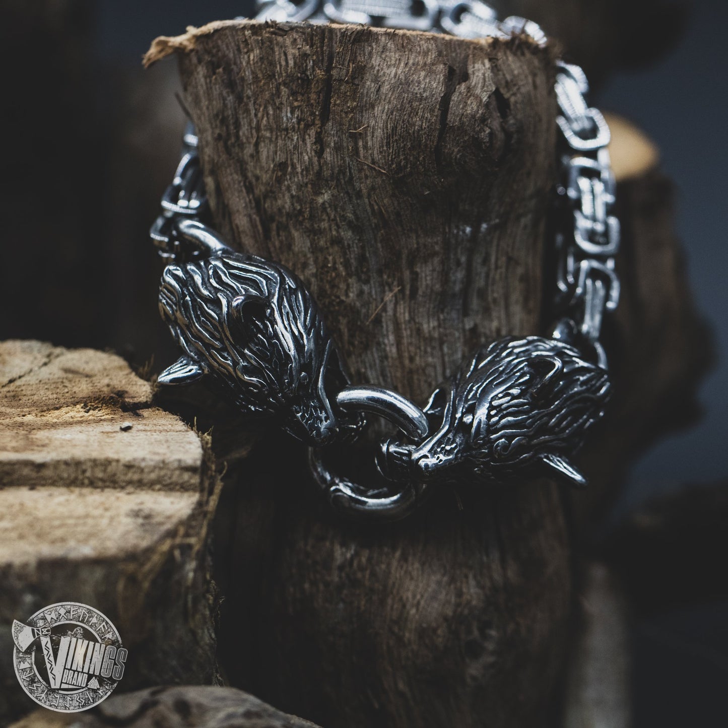 HANDMADE Stainless Steel Wolf Head Bracelet with King's Chain - VikingsBrand