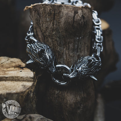 HANDMADE Stainless Steel Wolf Head Bracelet with King's Chain - VikingsBrand
