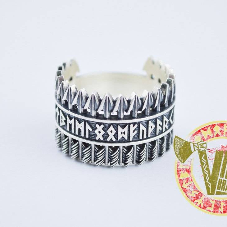 Handmade Sterling Silver Ring with Arrows & Runes - VikingsBrand