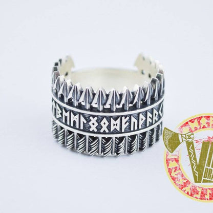 Handmade Sterling Silver Ring with Arrows & Runes - VikingsBrand