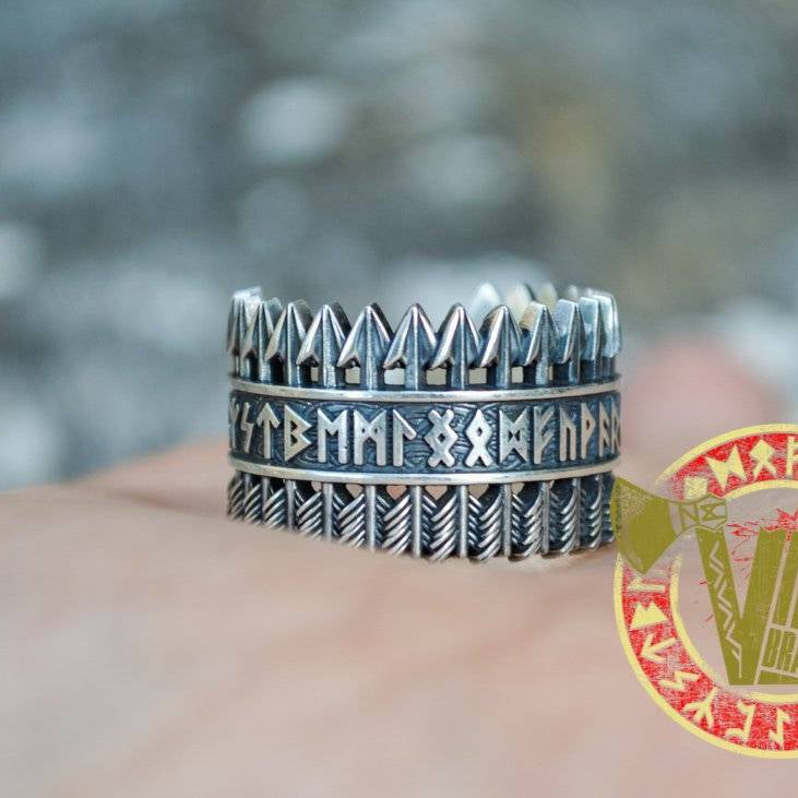 Handmade Sterling Silver Ring with Arrows & Runes - VikingsBrand
