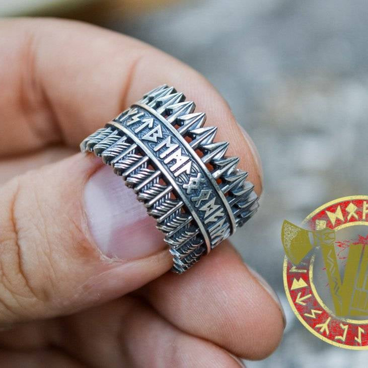 Handmade Sterling Silver Ring with Arrows & Runes - VikingsBrand