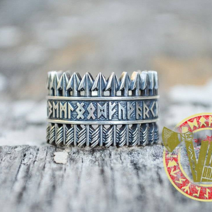 Handmade Sterling Silver Ring with Arrows & Runes - VikingsBrand