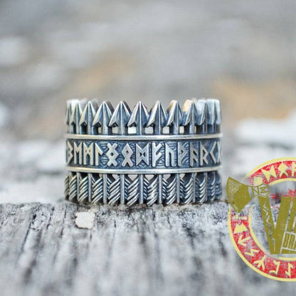 Handmade Sterling Silver Ring with Arrows & Runes - VikingsBrand