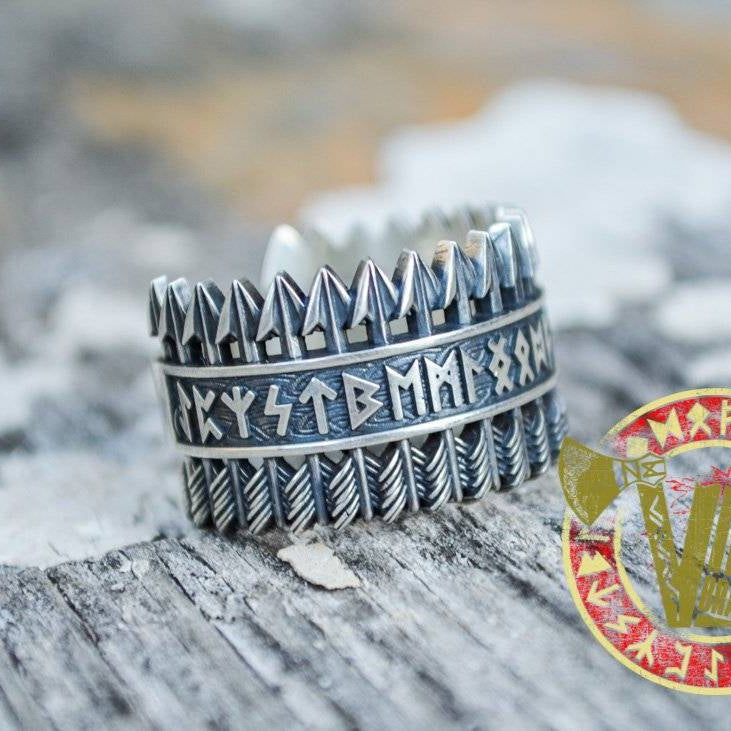 Handmade Sterling Silver Ring with Arrows & Runes - VikingsBrand