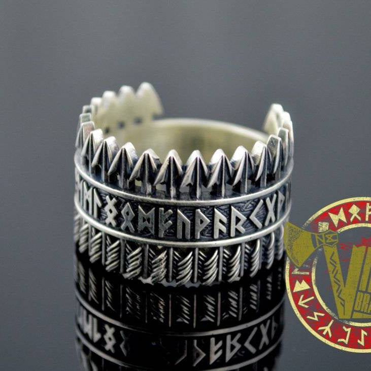 Handmade Sterling Silver Ring with Arrows & Runes - VikingsBrand