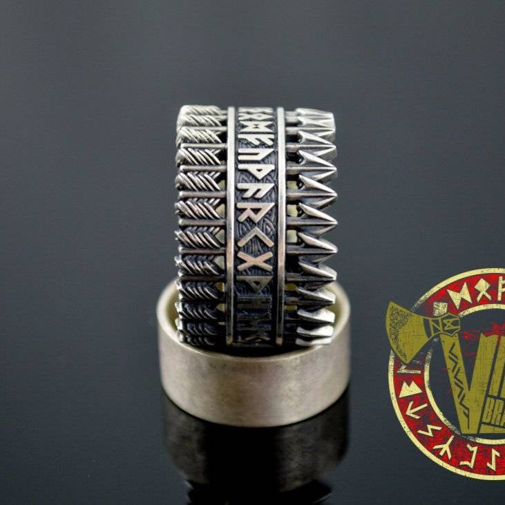 Handmade Sterling Silver Ring with Arrows & Runes - VikingsBrand