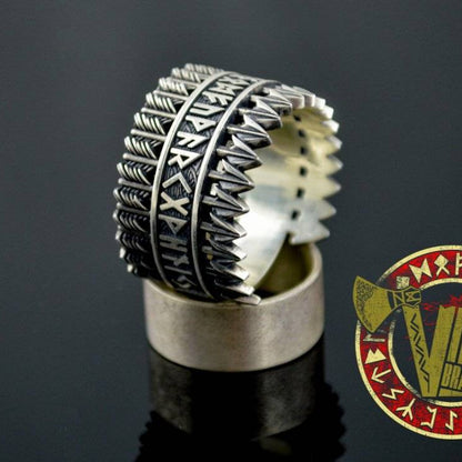 Handmade Sterling Silver Ring with Arrows & Runes - VikingsBrand