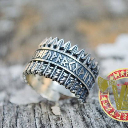Handmade Sterling Silver Ring with Arrows & Runes - VikingsBrand