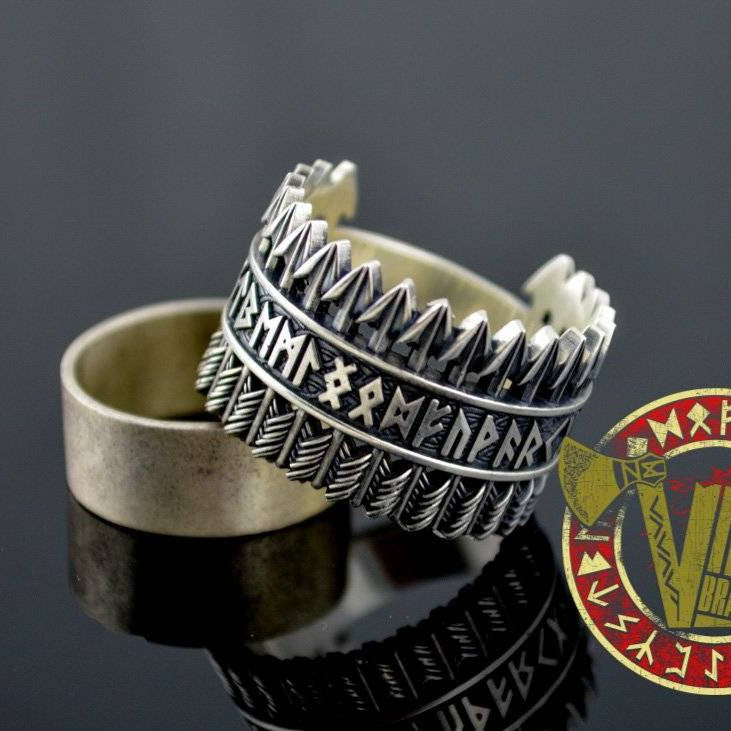 Handmade Sterling Silver Ring with Arrows & Runes - VikingsBrand