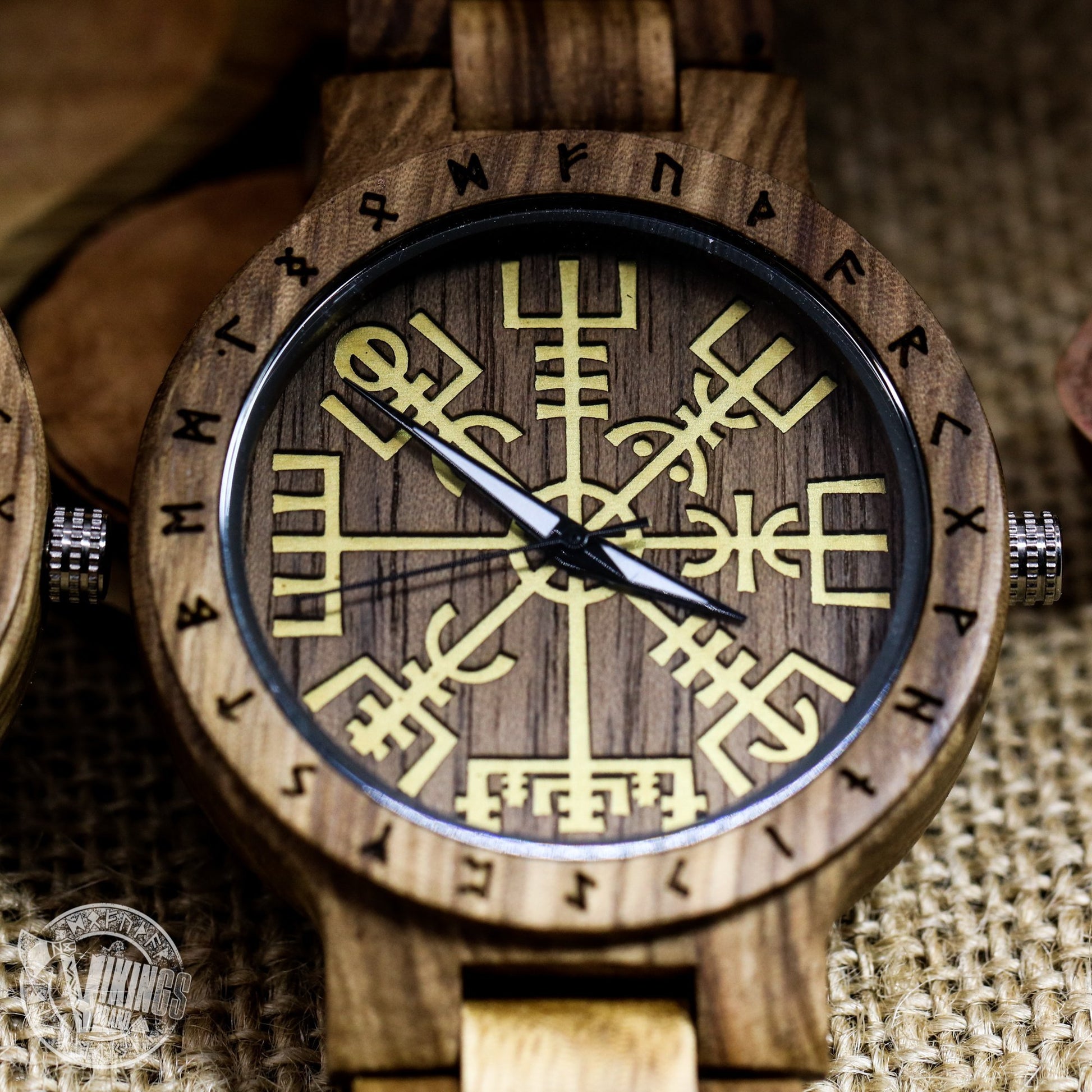 Handmade Viking Wooden Watch with Golden Helm of Awe or Vegvisir & Custom Saying on the Back Cover or Box - VikingsBrand
