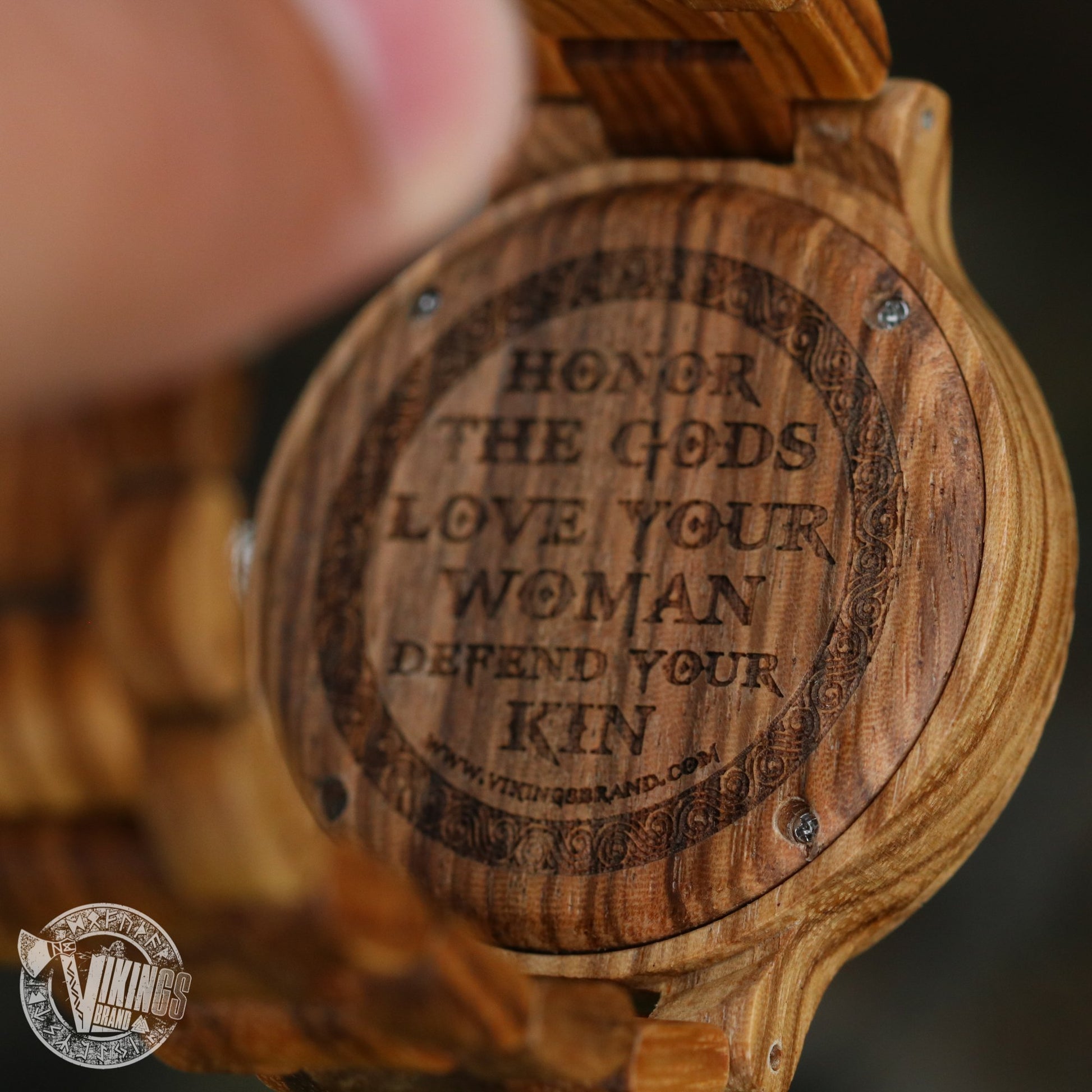 Handmade Viking Wooden Watch with Golden Helm of Awe or Vegvisir & Custom Saying on the Back Cover or Box - VikingsBrand