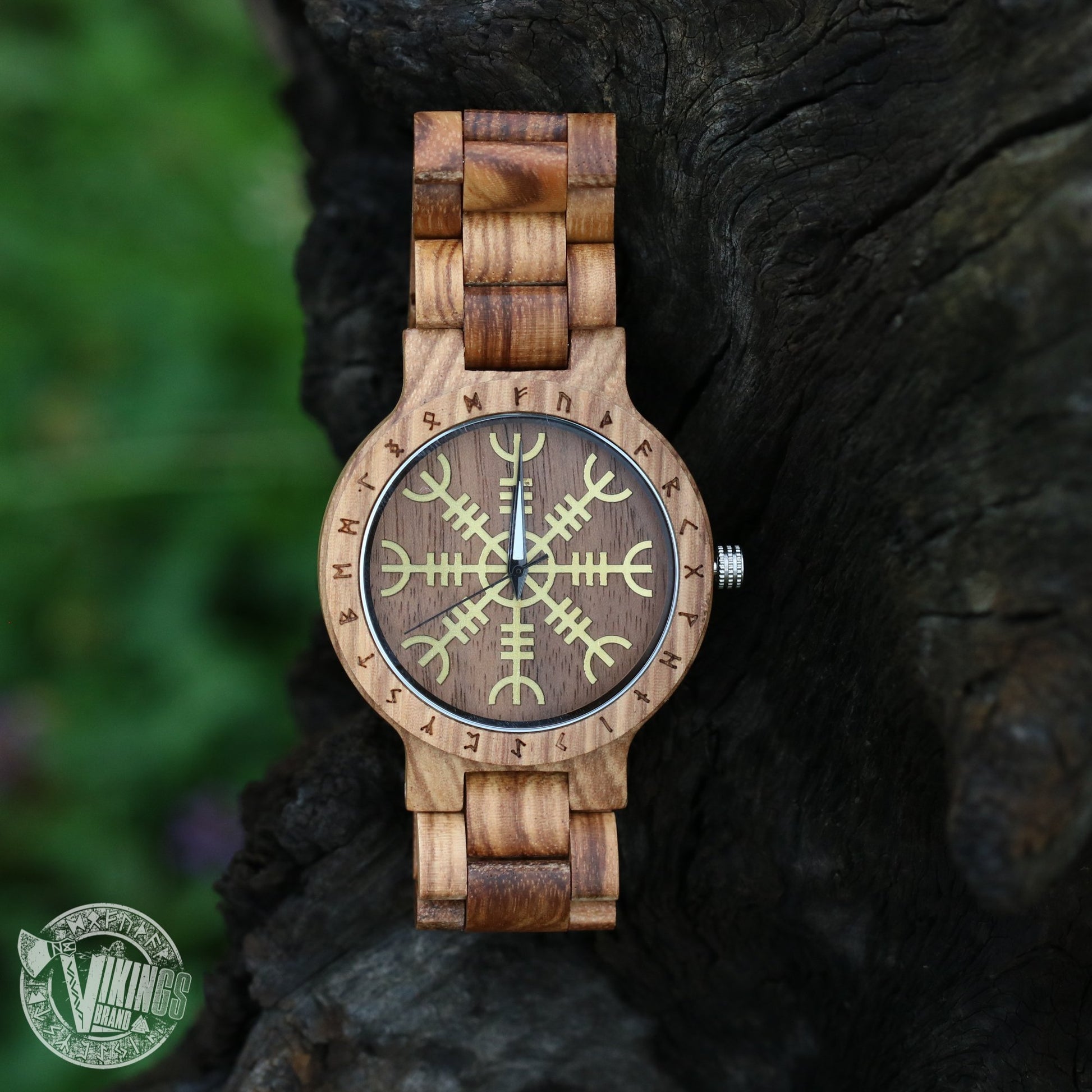 Handmade Viking Wooden Watch with Golden Helm of Awe or Vegvisir & Custom Saying on the Back Cover or Box - VikingsBrand