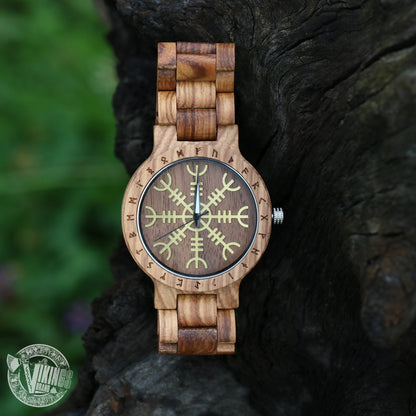 Handmade Viking Wooden Watch with Golden Helm of Awe or Vegvisir & Custom Saying on the Back Cover or Box - VikingsBrand