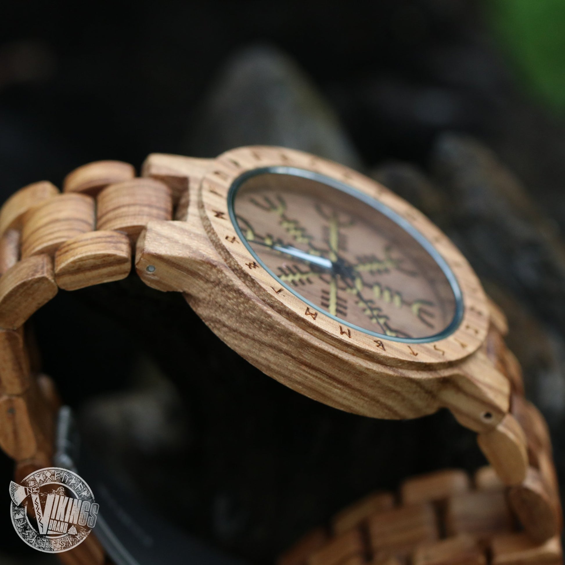 Handmade Viking Wooden Watch with Golden Helm of Awe or Vegvisir & Custom Saying on the Back Cover or Box - VikingsBrand