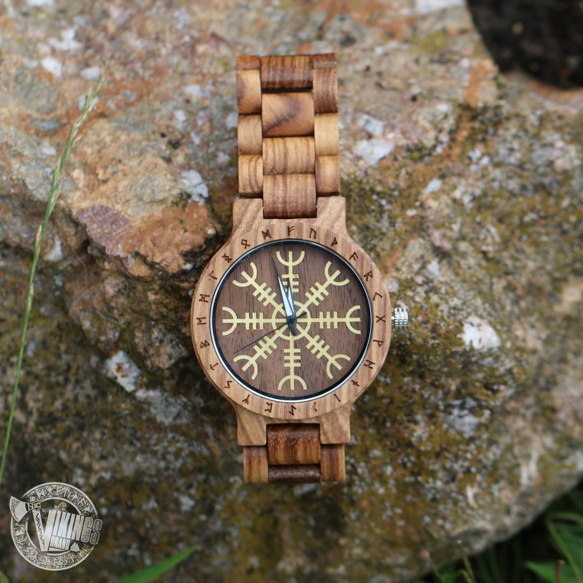 Handmade Viking Wooden Watch with Golden Helm of Awe or Vegvisir & Custom Saying on the Back Cover or Box - VikingsBrand