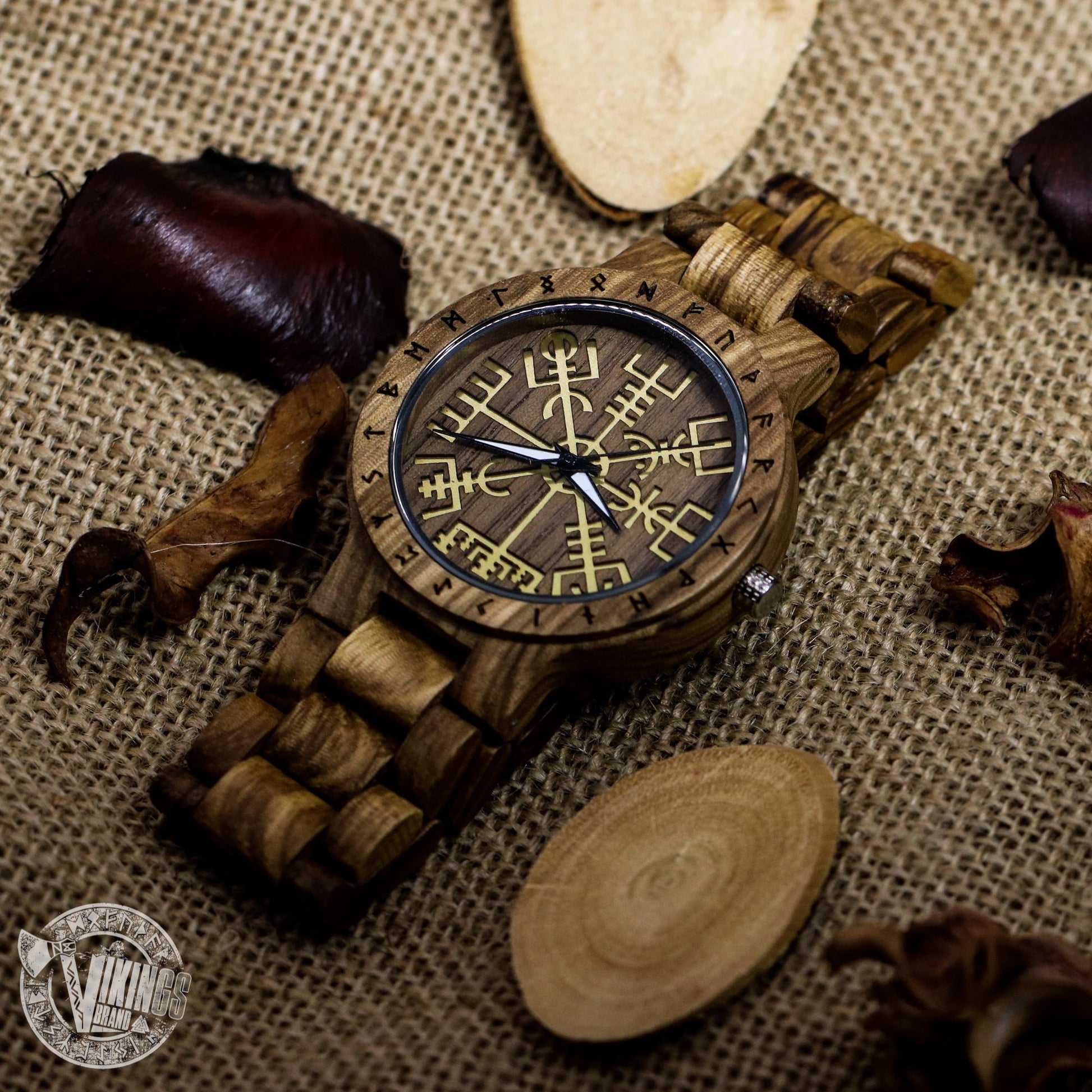 Handmade Viking Wooden Watch with Golden Helm of Awe or Vegvisir & Custom Saying on the Back Cover or Box - VikingsBrand