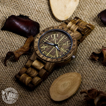 Handmade Viking Wooden Watch with Golden Helm of Awe or Vegvisir & Custom Saying on the Back Cover or Box - VikingsBrand