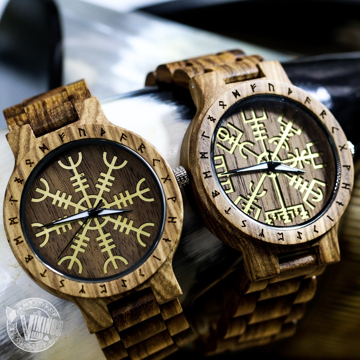 Handmade Viking Wooden Watch with Golden Helm of Awe or Vegvisir & Custom Saying on the Back Cover or Box - VikingsBrand