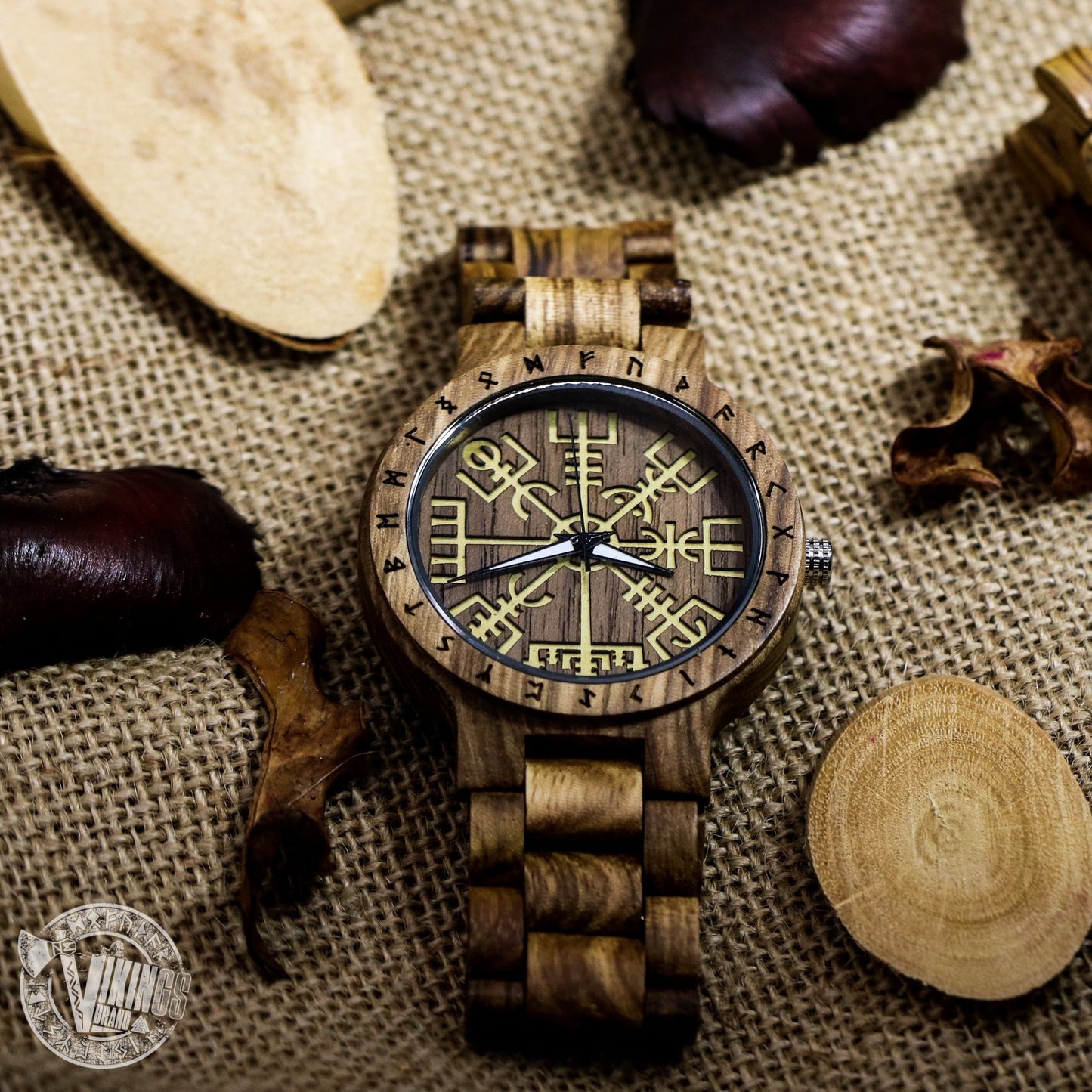 Handmade Viking Wooden Watch with Golden Helm of Awe or Vegvisir & Custom Saying on the Back Cover or Box - VikingsBrand