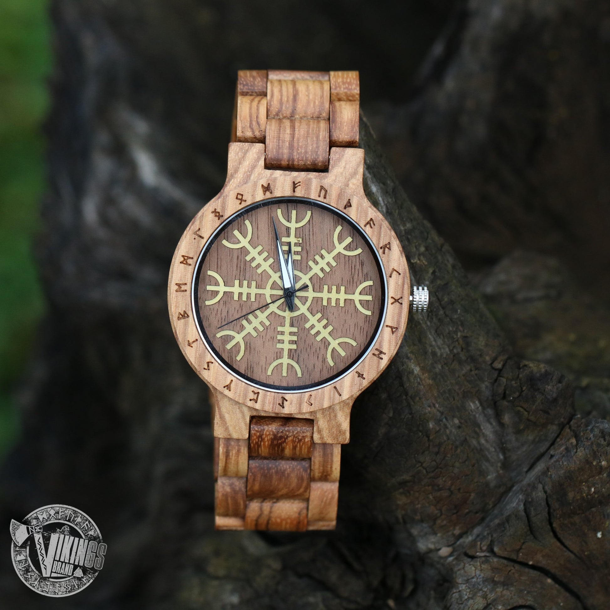 Handmade Viking Wooden Watch with Golden Helm of Awe or Vegvisir & Custom Saying on the Back Cover or Box - VikingsBrand