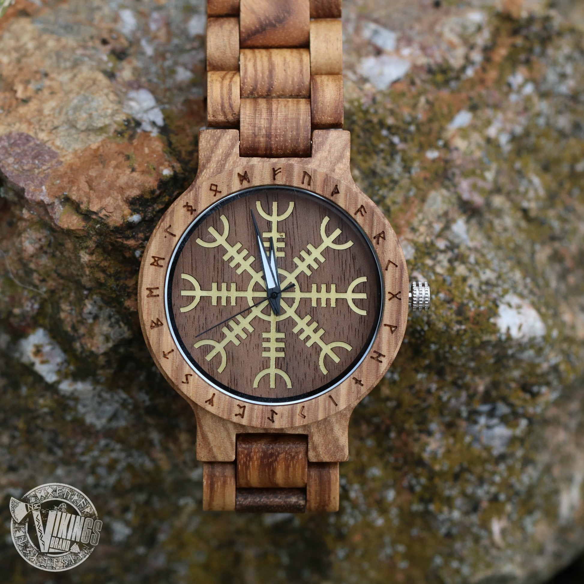 Handmade Viking Wooden Watch with Golden Helm of Awe or Vegvisir & Custom Saying on the Back Cover or Box - VikingsBrand
