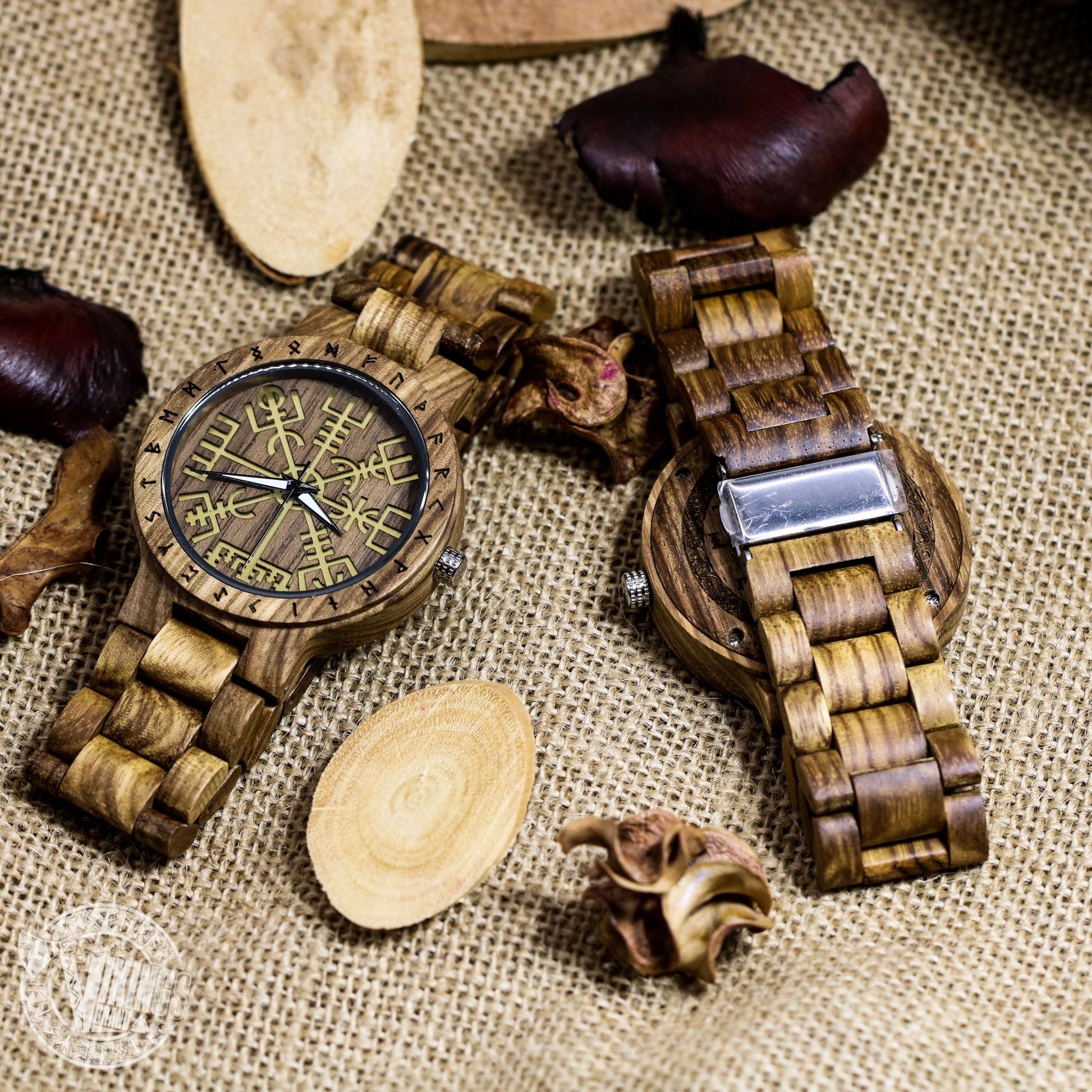 Handmade Viking Wooden Watch with Golden Helm of Awe or Vegvisir & Custom Saying on the Back Cover or Box - VikingsBrand
