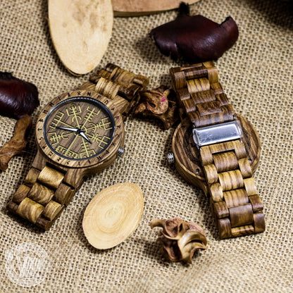 Handmade Viking Wooden Watch with Golden Helm of Awe or Vegvisir & Custom Saying on the Back Cover or Box - VikingsBrand