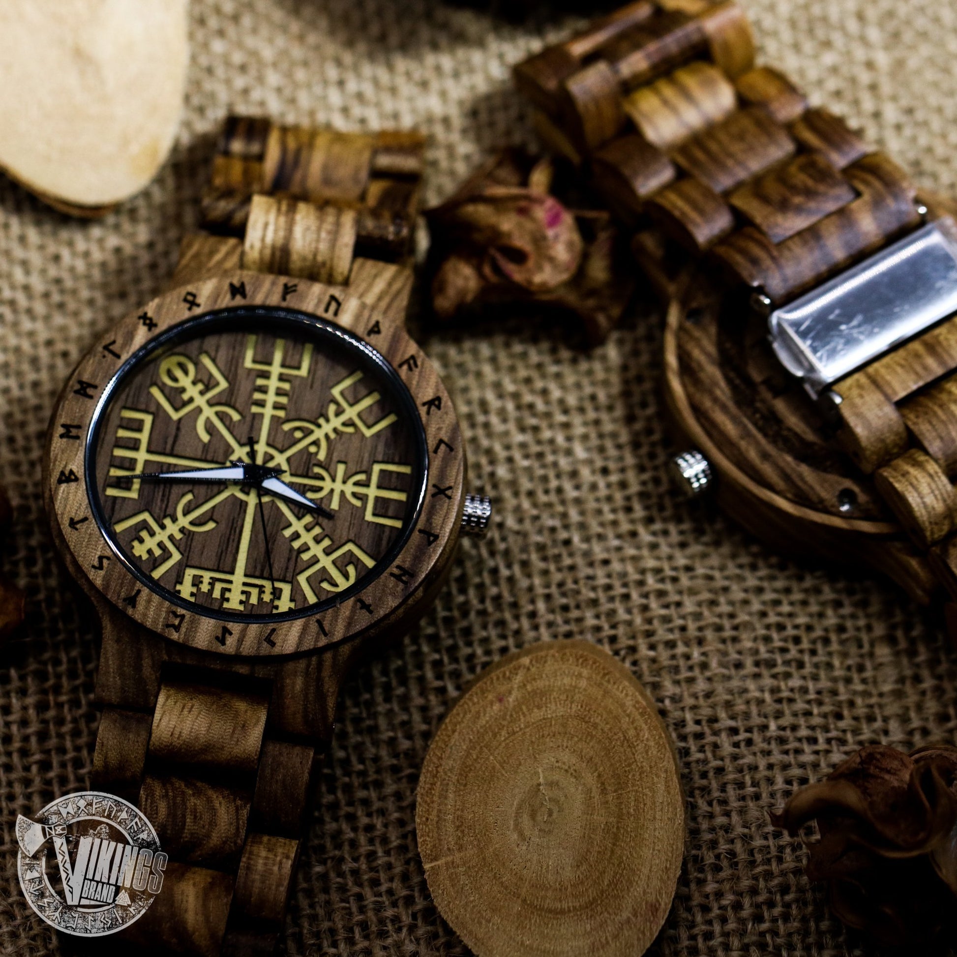 Handmade Viking Wooden Watch with Golden Helm of Awe or Vegvisir & Custom Saying on the Back Cover or Box - VikingsBrand
