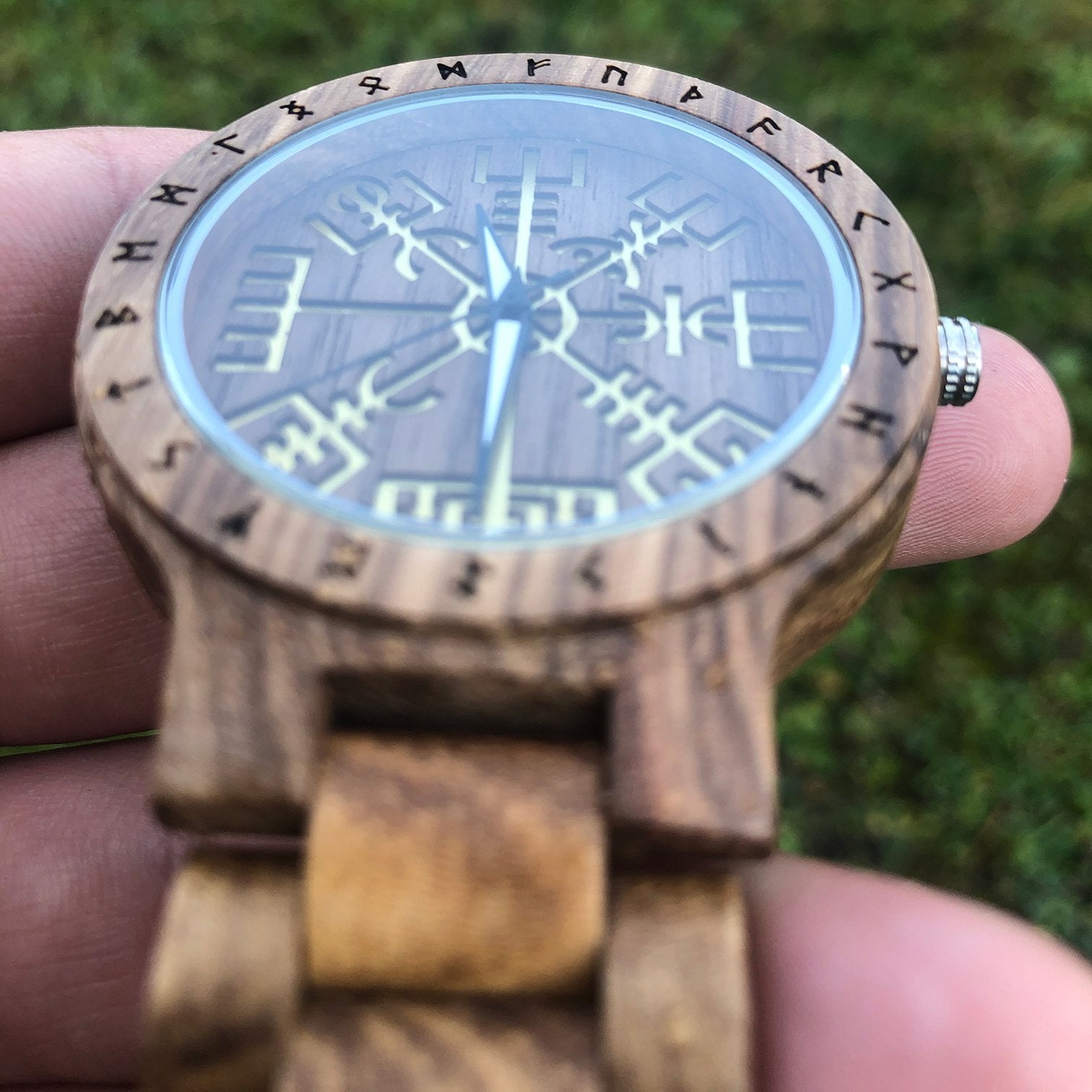 Handmade Viking Wooden Watch with Golden Helm of Awe or Vegvisir & Custom Saying on the Back Cover or Box - VikingsBrand
