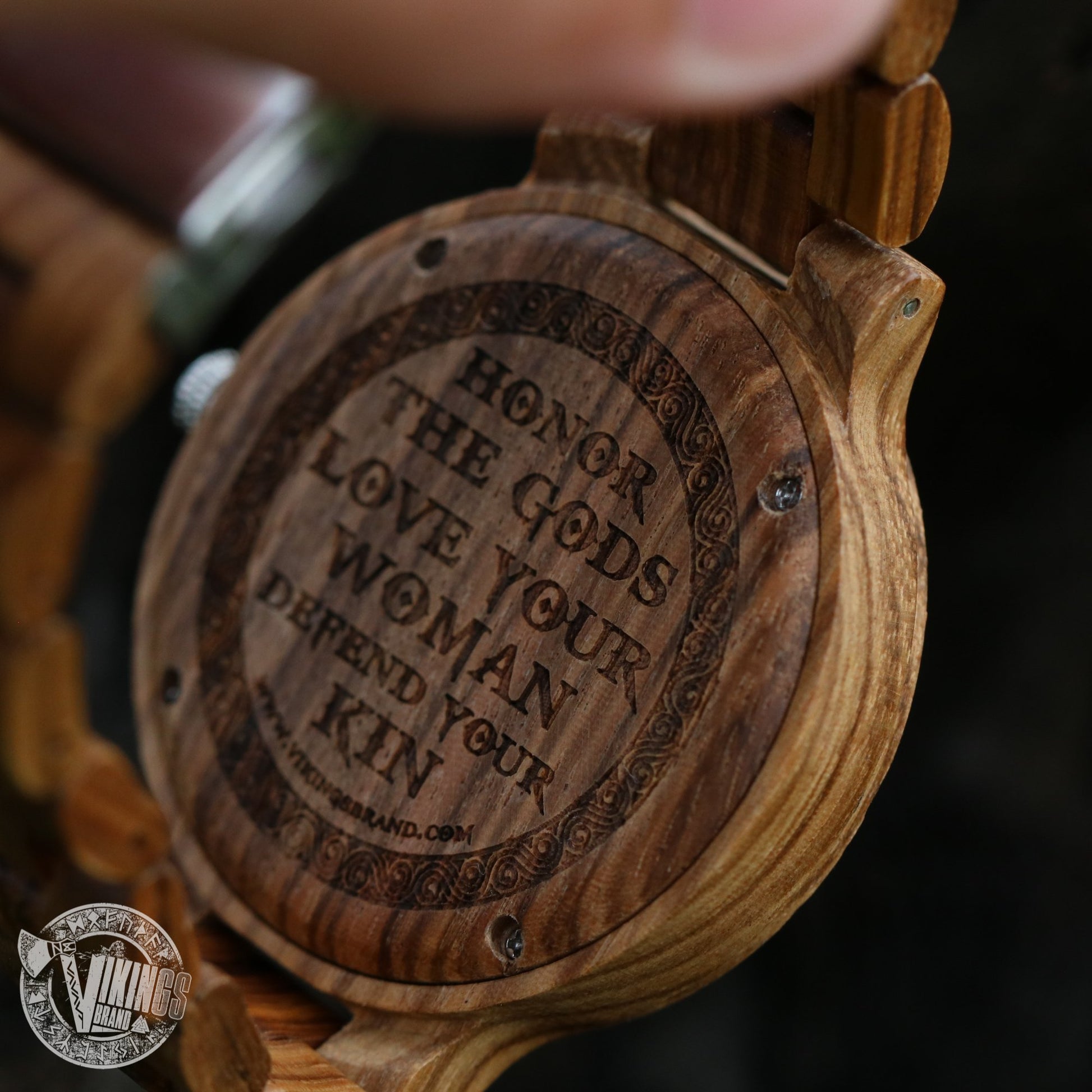 Handmade Viking Wooden Watch with Golden Helm of Awe or Vegvisir & Custom Saying on the Back Cover or Box - VikingsBrand