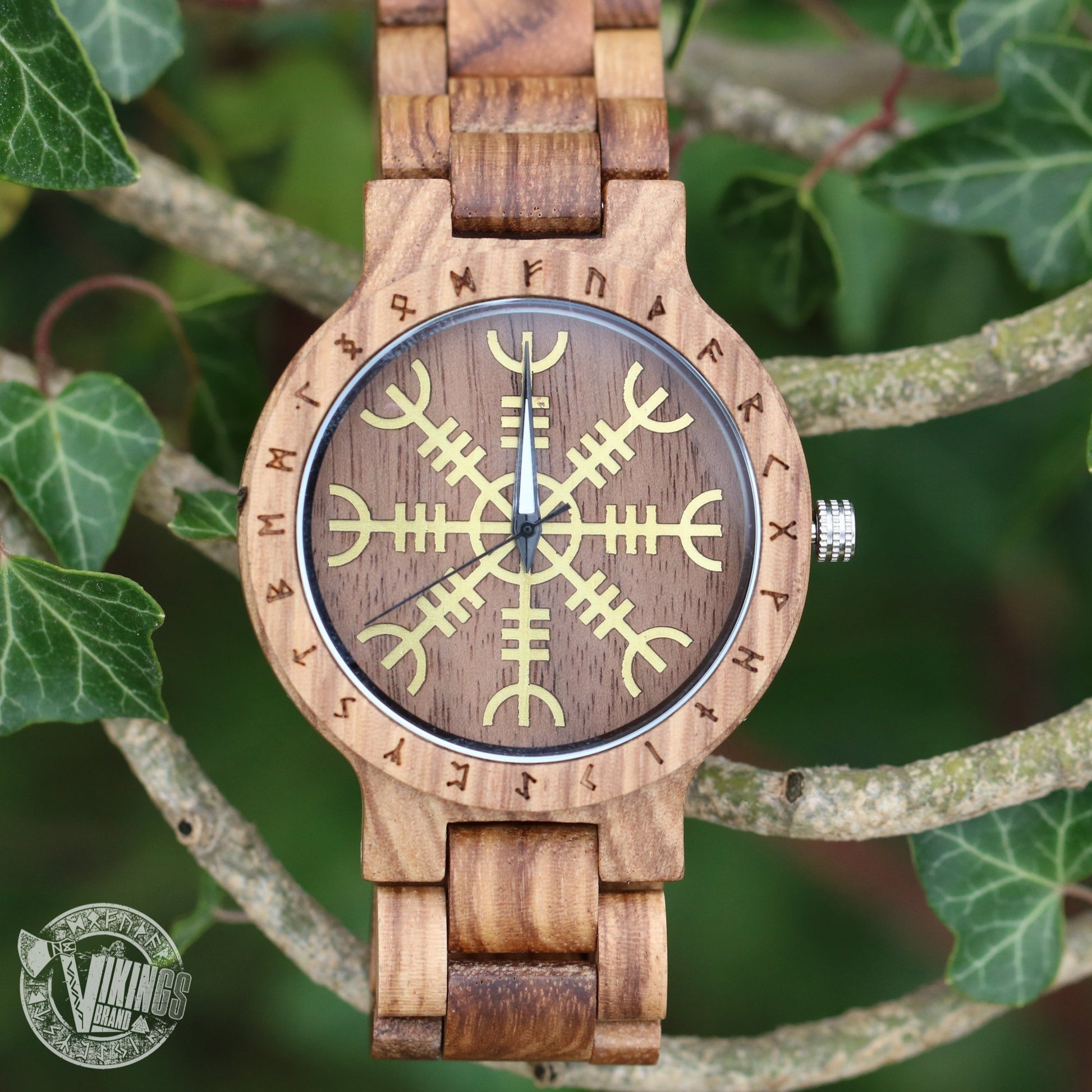 Handmade Viking Wooden Watch with Golden Helm of Awe or Vegvisir & Custom Saying on the Back Cover or Box - VikingsBrand